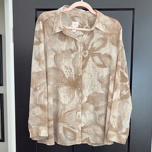 Chico’s Brown/Cream Floral Button-Up Shirt with Asymmetrical Back. Size 2=12.